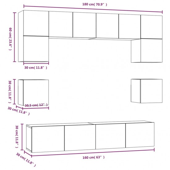 TV spintelių komplektas, 8 dalių, baltas, mediena, blizgus