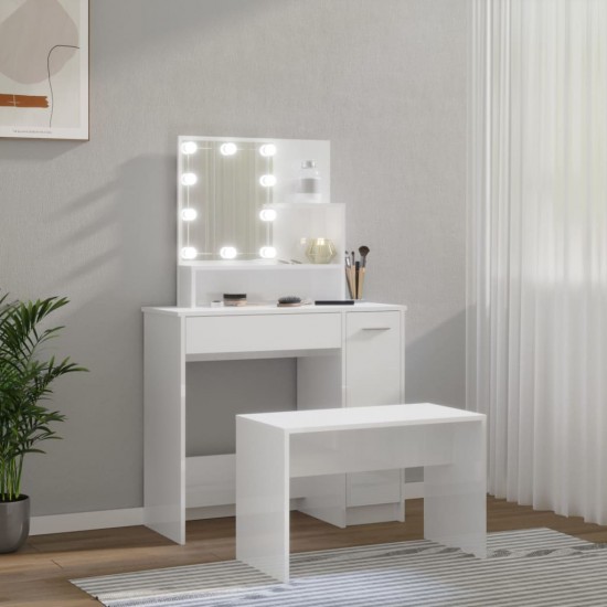 Kosmetinio staliuko komplektas su LED, baltas, mediena, blizgus