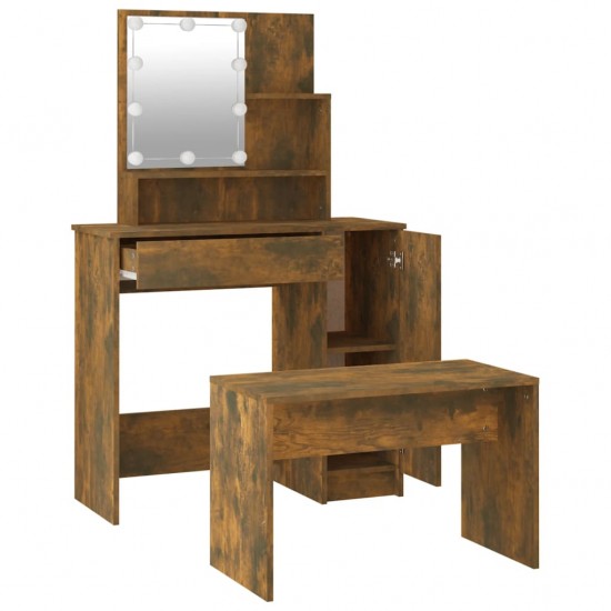 Kosmetinio staliuko komplektas su LED, dūminio ąžuolo, mediena