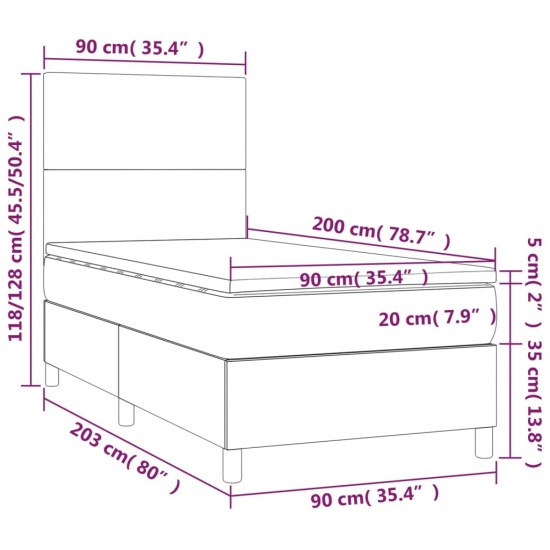 Lova su spyruoklėmis/čiužiniu/LED, pilka, 90x200cm dirbtinė oda