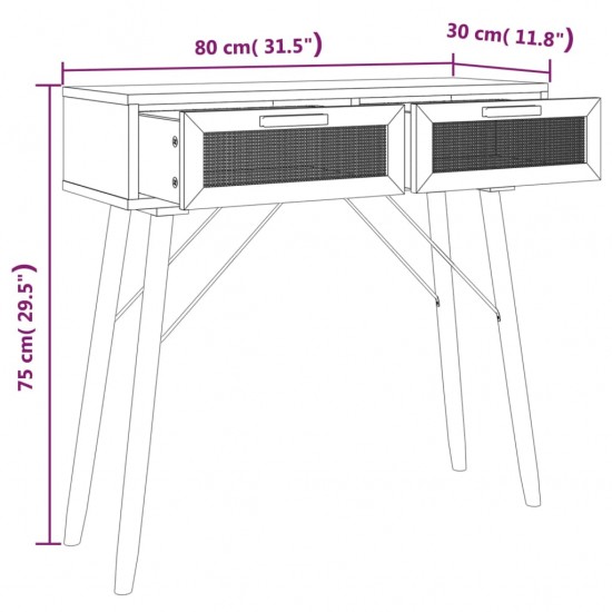 Konsolinis staliukas, rudas, 80x30x75cm, pušis ir ratanas