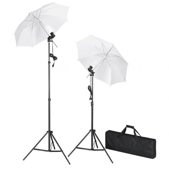 Fotostudijos komplektas su fonu, šviestuvais ir skėčiais