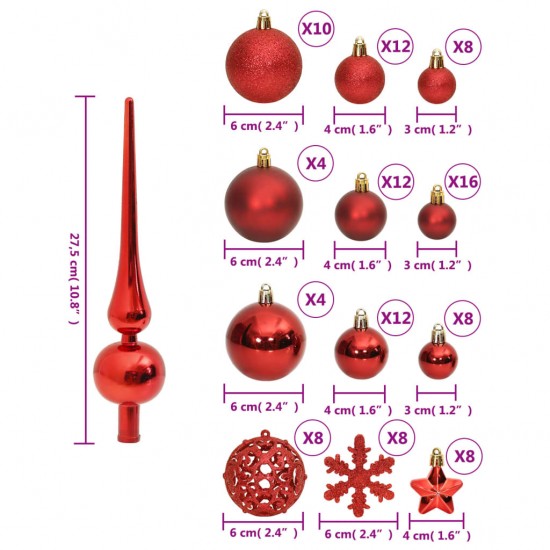 Kalėdinių žaisliukų rinkinys, 111vnt., raudoni, polistirenas