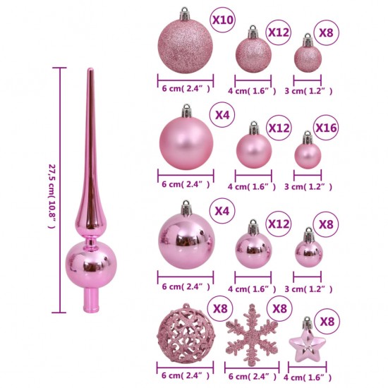 Kalėdinių žaisliukų rinkinys, 111vnt., rožiniai, polistirenas