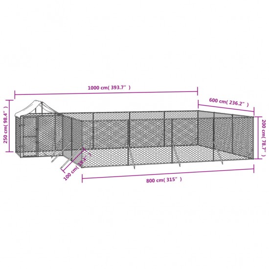 Lauko voljeras šunims su stogu, sidabrinis, 10x6x2,5m, plienas