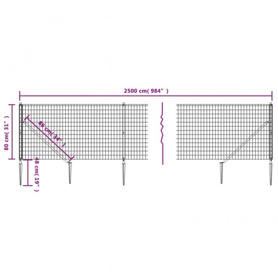 Vielinė tinklinė tvora su smaigais, antracito spalvos, 0,8x25m