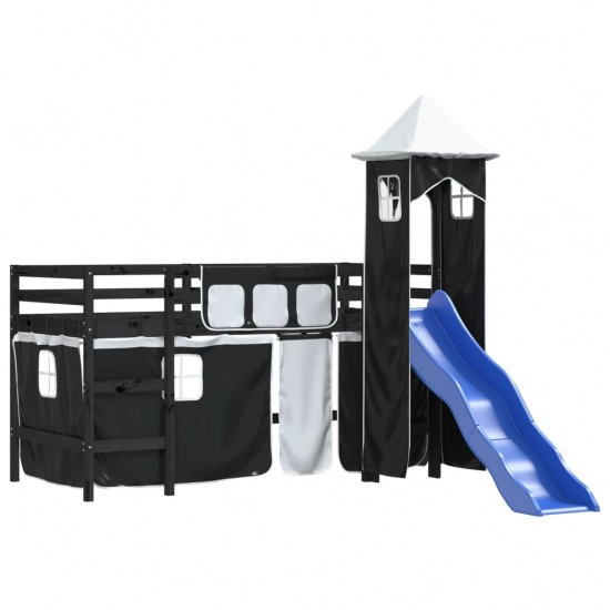 Aukšta vaikiška lova su bokštu, balta/juoda, 90x200cm, pušis