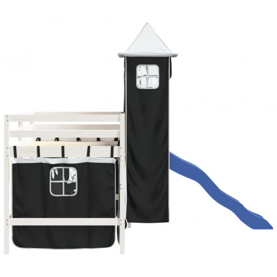 Aukšta vaikiška lova su bokštu, balta/juoda, 90x190cm, pušis
