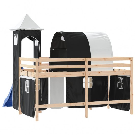 Aukšta vaikiška lova su bokštu, balta/juoda, 90x200cm, pušis