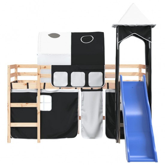 Aukšta vaikiška lova su bokštu, balta/juoda, 90x190cm, pušis