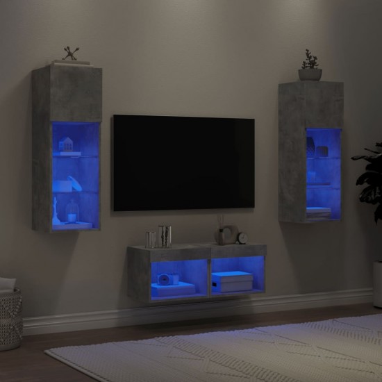Sieninės TV spintelės su LED lemputėmis, 4 dalių, betono pilkos