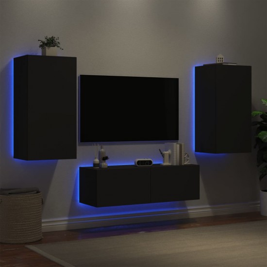 Sieninės TV spintelės su LED lemputėmis, 3 dalių, juodos