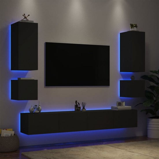 Sieninės TV spintelės su LED lemputėmis, 6 dalių, juodos