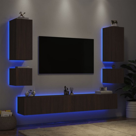 Sieninės TV spintelės su LED lemputėmis, 6 dalių, rudos ąžuolo