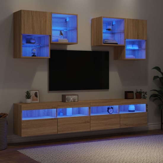 Sieninės TV spintelės su LED lemputėmis, 6vnt., ąžuolo spalvos