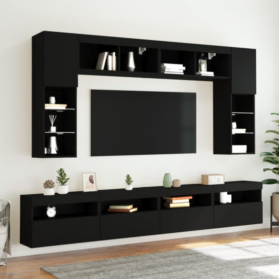 Sieninės TV spintelės su LED lemputėmis, 8vnt., juodos spalvos
