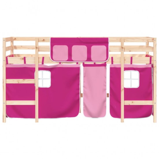 Aukšta vaikiška lova su užuolaidomis, rožinė, 80x200cm, pušis