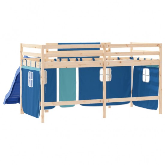 Aukšta vaikiška lova su užuolaidomis, mėlyna, 90x190cm, pušis