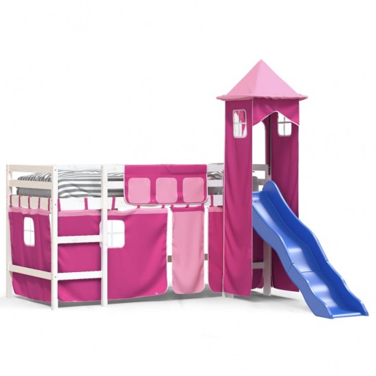 Aukšta vaikiška lova su bokštu, rožinė, 90x200cm, pušis