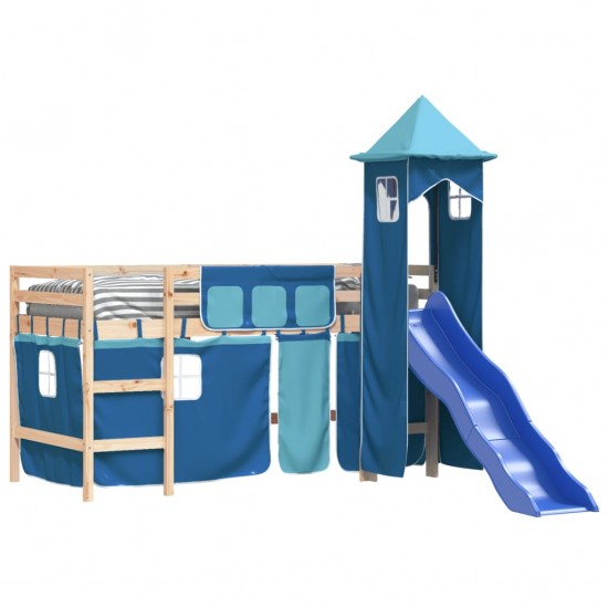 Aukšta vaikiška lova su bokštu, mėlyna, 90x190cm, pušis