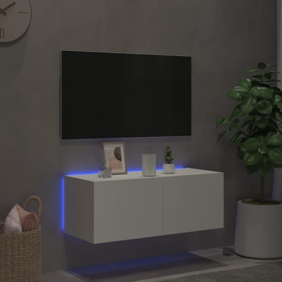 Sieninė TV spintelė su LED lemputėmis, balta, 80x35x31cm