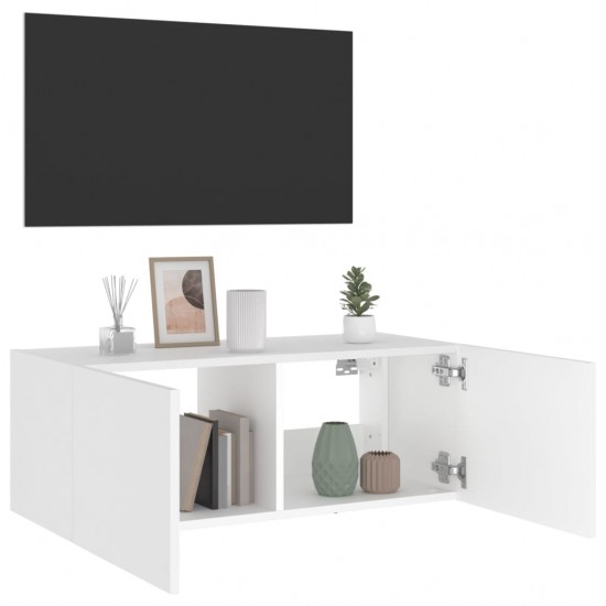 Sieninė TV spintelė su LED lemputėmis, balta, 80x35x31cm