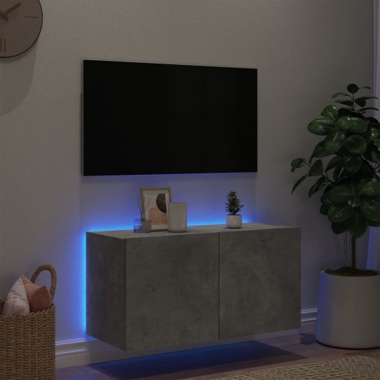 Sieninė TV spintelė su LED lemputėmis, betono pilka, 80x35x41cm