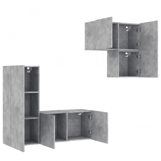 Sieninė TV sekcija, 4 dalių, betono pilka, apdirbta mediena