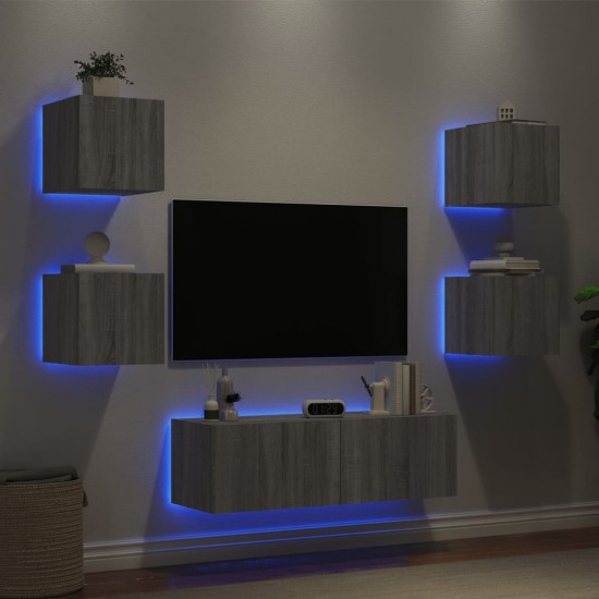 Sieninės TV spintelės su LED lemputėmis, 5 dalių, pilkos ąžuolo