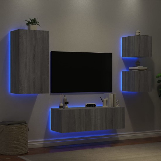 Sieninės TV spintelės su LED lemputėmis, 4 dalių, pilkos ąžuolo