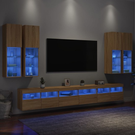 Sieninės TV spintelės su LED lemputėmis, 7vnt., ąžuolo spalvos