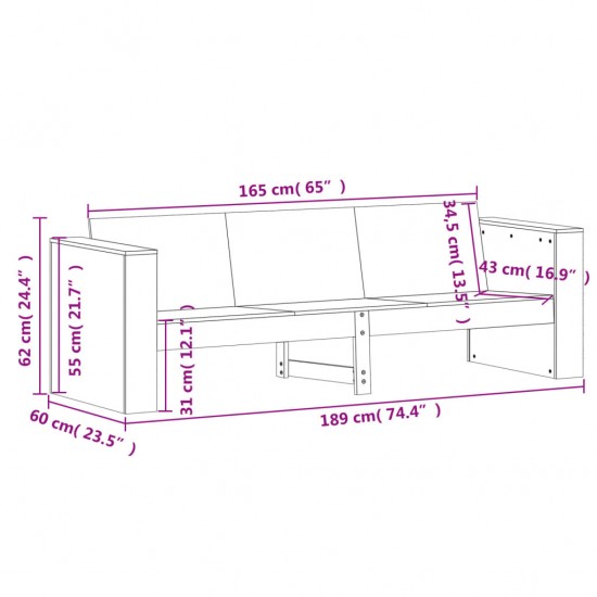 Trivietė sodo sofa, 189x60x62cm, impregnuota pušies mediena