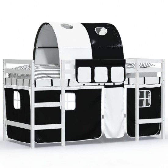 Aukšta vaikiška lova su tuneliu, balta/juoda, 90x190cm, pušis