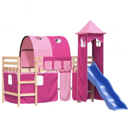 Aukšta vaikiška lova su bokštu, rožinė, 90x190cm, pušis