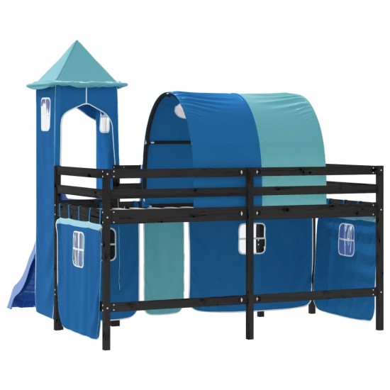 Aukšta vaikiška lova su bokštu, mėlyna, 90x200cm, pušis