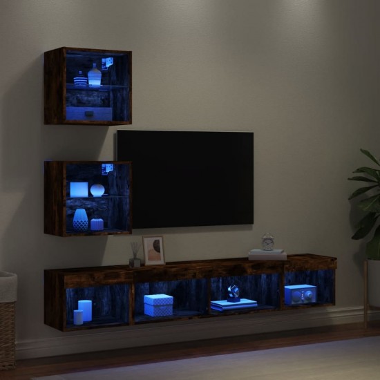 Sieninė TV sekcija su LED, 5 dalių, dūminio ąžuolo, mediena