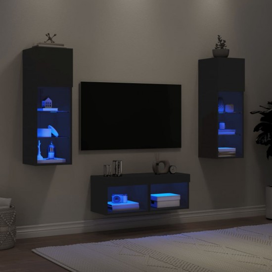 Sieninės TV spintelės su LED lemputėmis, 4 dalių, juodos