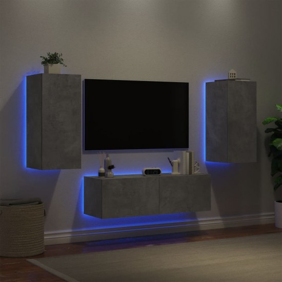 Sieninės TV spintelės su LED lemputėmis, 3 dalių, betono pilkos