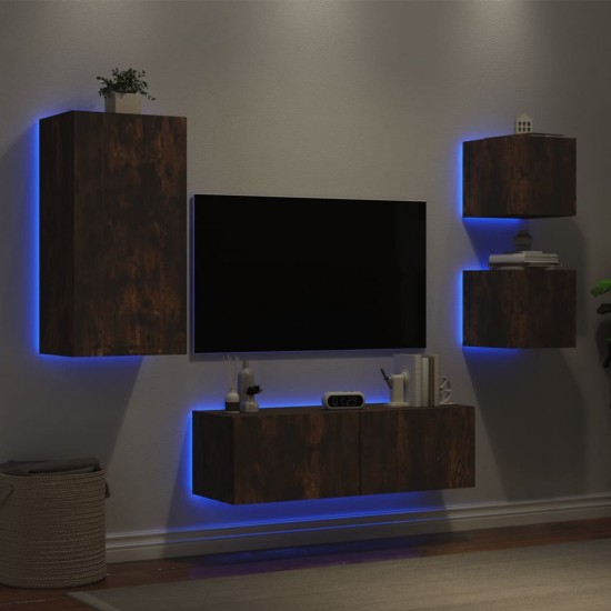 Sieninės TV spintelės su LED lemputėmis, 4 dalių, dūminės