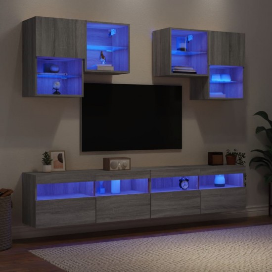Sieninės TV spintelės su LED lemputėmis, 6vnt., pilkos ąžuolo