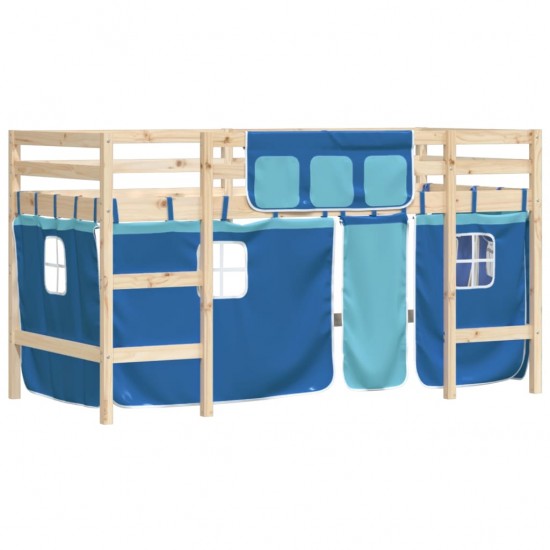 Aukšta vaikiška lova su užuolaidomis, mėlyna, 90x200cm, pušis