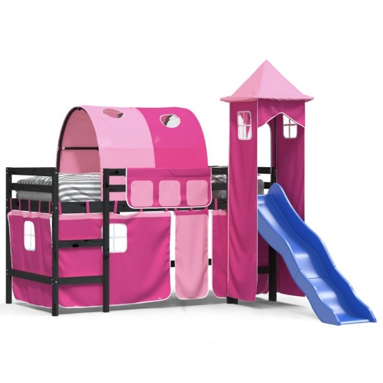 Aukšta vaikiška lova su bokštu, rožinė, 90x190cm, pušis