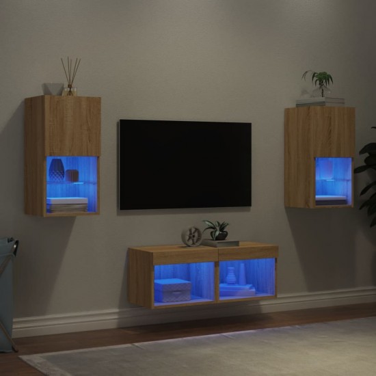 Sieninės TV spintelės su LED lemputėmis, 4 dalių, ąžuolo