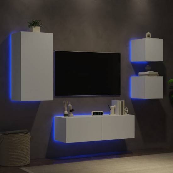 Sieninės TV spintelės su LED lemputėmis, 4 dalių, baltos