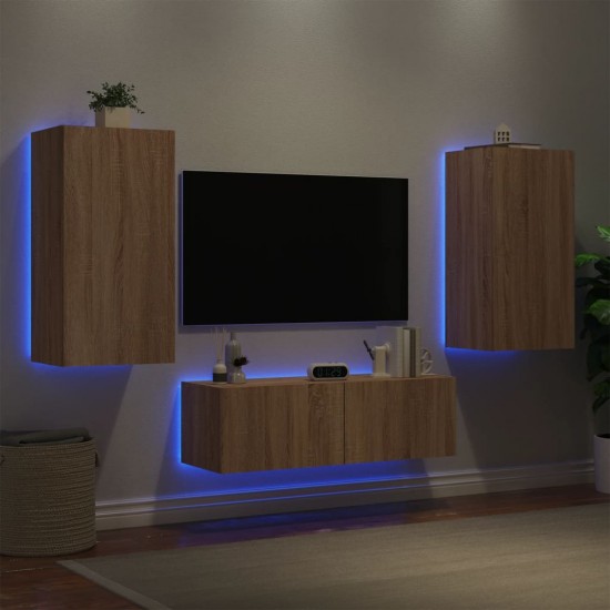 Sieninės TV spintelės su LED lemputėmis, 3 dalių, ąžuolo