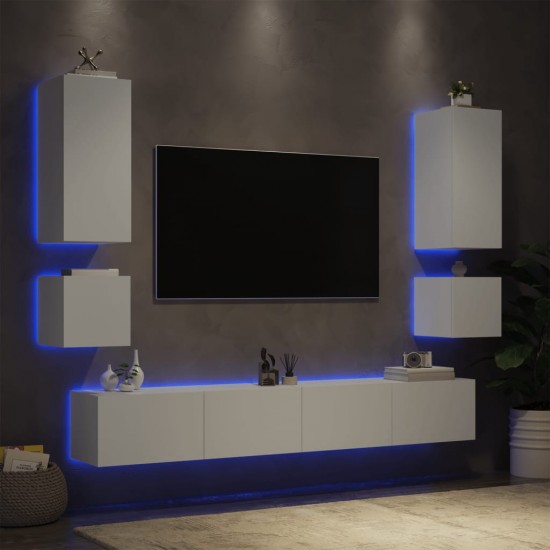 Sieninės TV spintelės su LED lemputėmis, 6 dalių, baltos