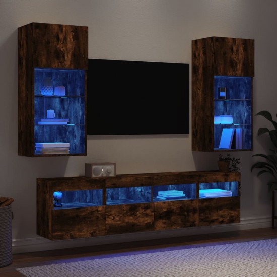 Sieninė TV sekcija su LED, 5 dalių, dūminio ąžuolo, mediena