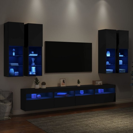 Sieninės TV spintelės su LED lemputėmis, 7vnt., juodos spalvos