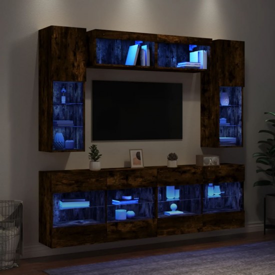 Sieninės TV spintelės su LED lemputėmis, 6vnt., dūminės ąžuolo