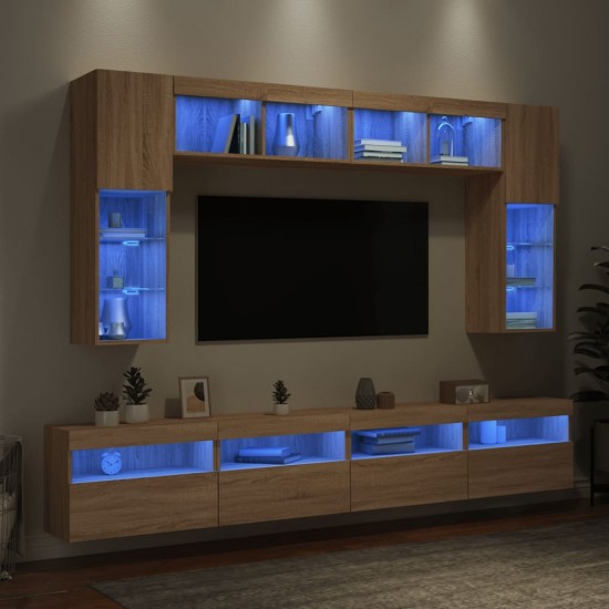 Sieninės TV spintelės su LED lemputėmis, 8vnt., ąžuolo spalvos